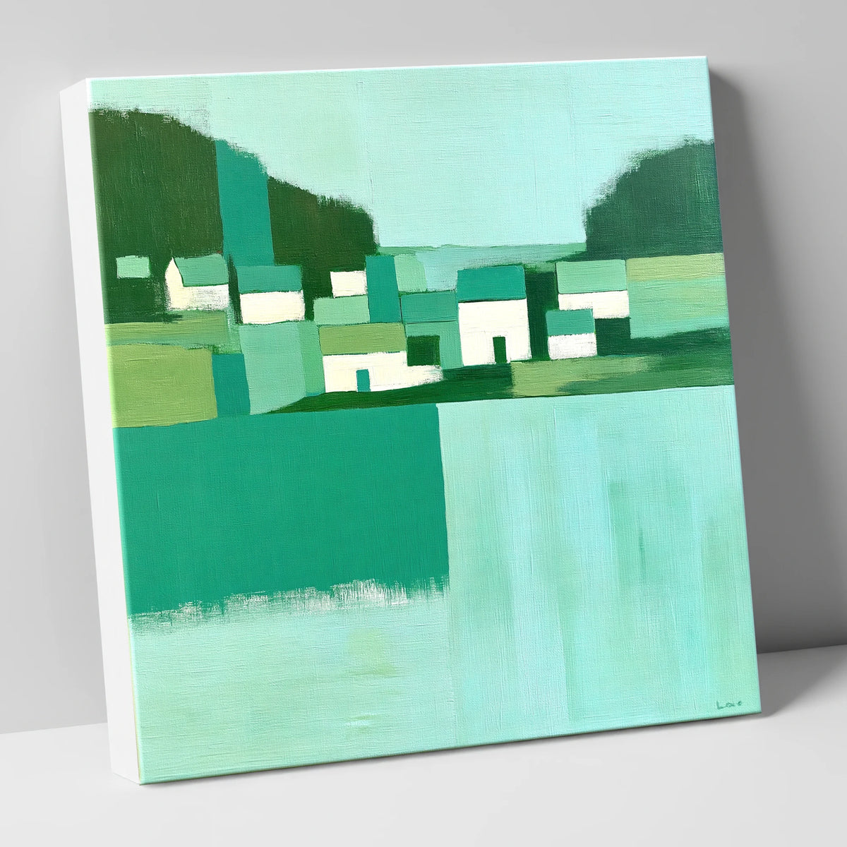 Lakeside Village in Vibrant Teal lake district village canvas wall art