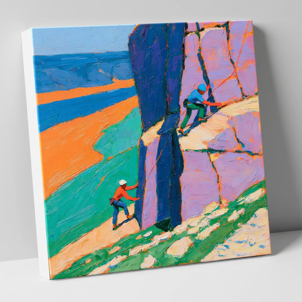 Colourful Rock Climbers on Crag lake district walking canvas wall art