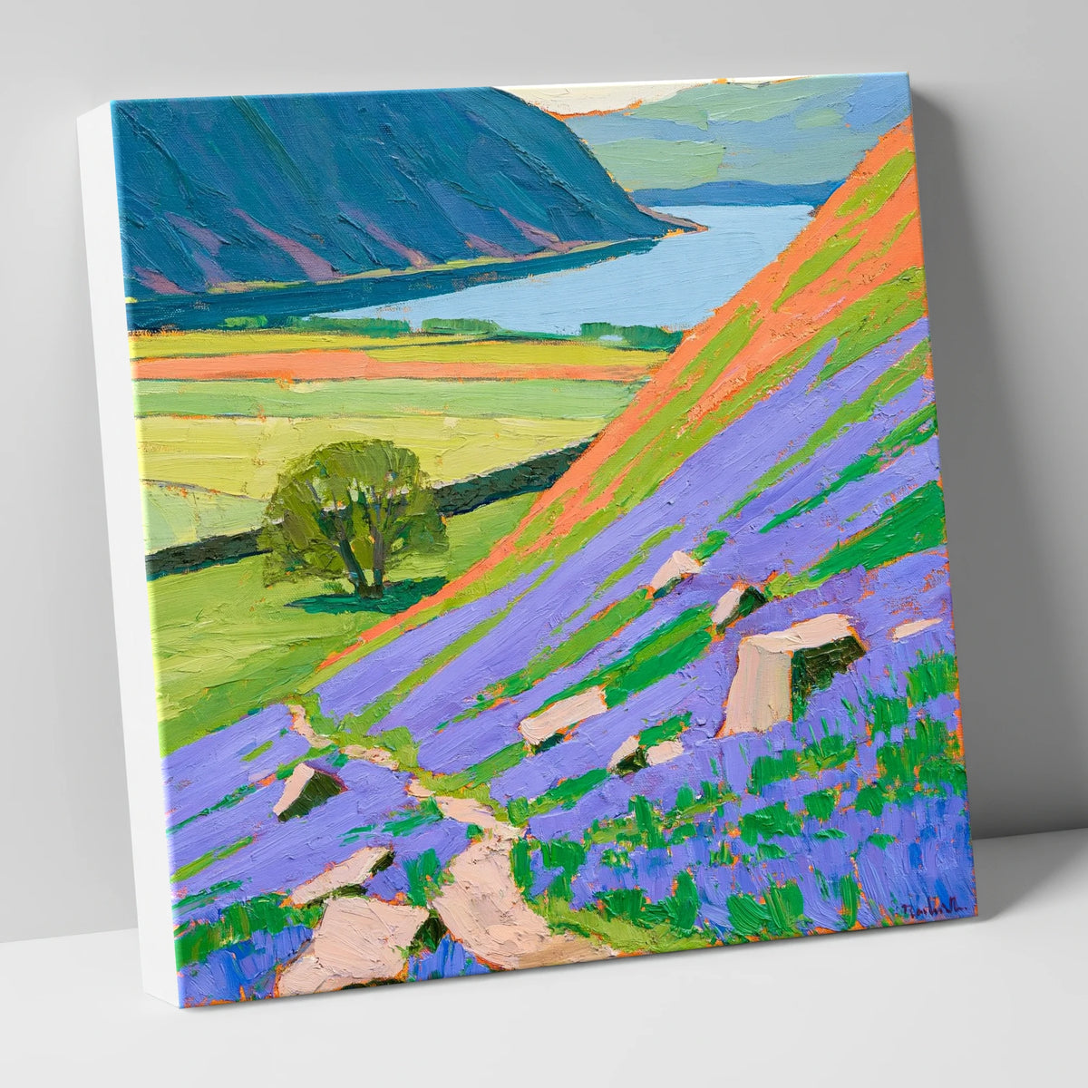 Vibrant Bluebell Hillside at Rannerdale lake district lake canvas wall art