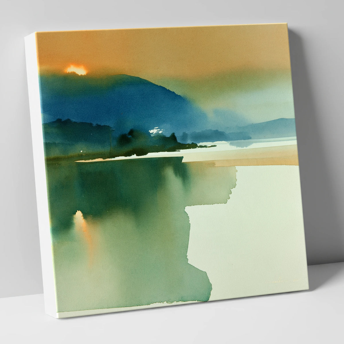 Teal and Gold Lake Sunset lake district lake canvas wall art