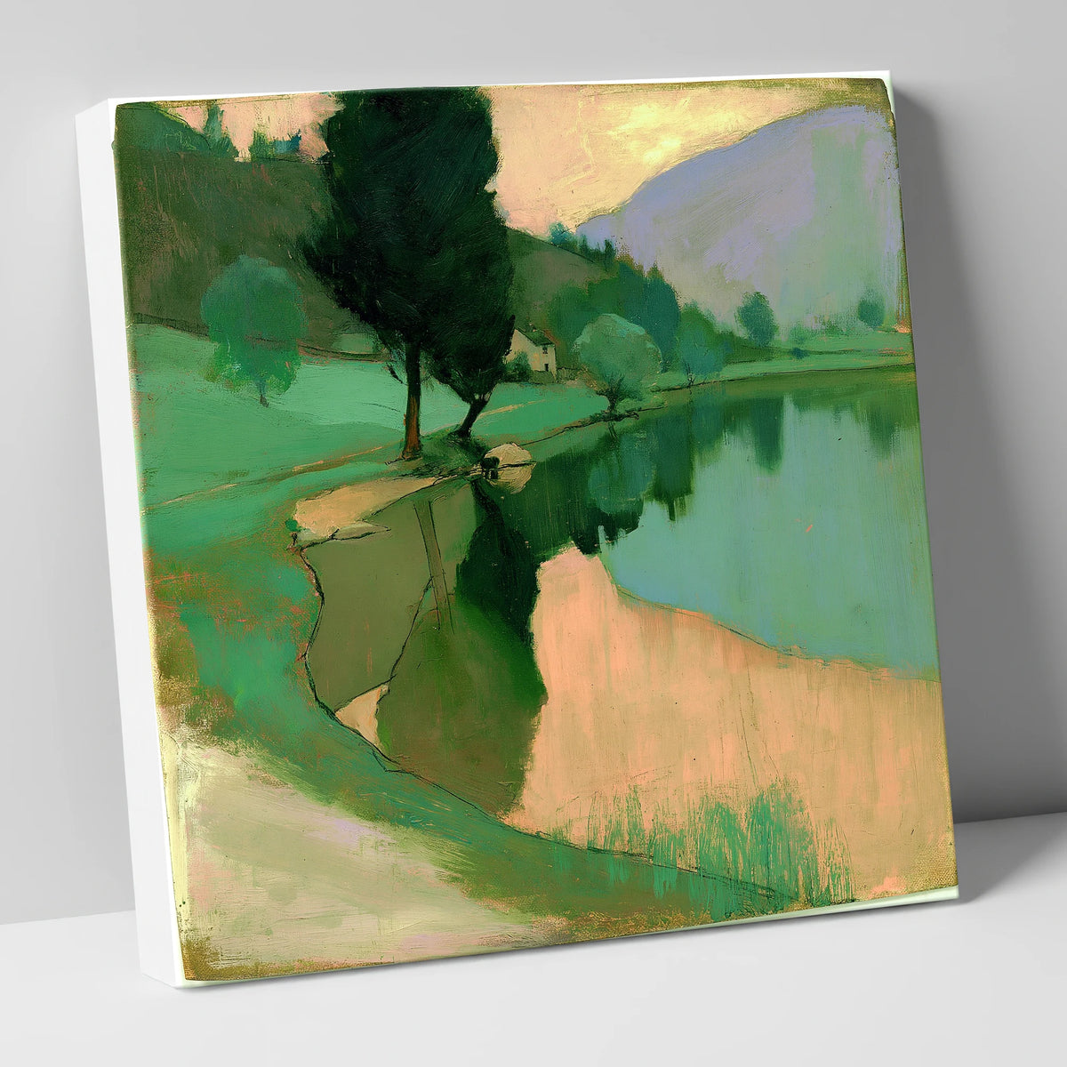 Calm Lake in Sage and Pink lake district lake canvas wall art