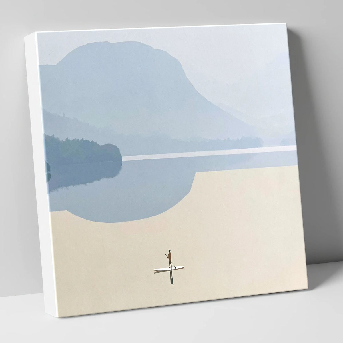 Paddleboarding Under Misty Blue Fells lake district walking canvas wall art