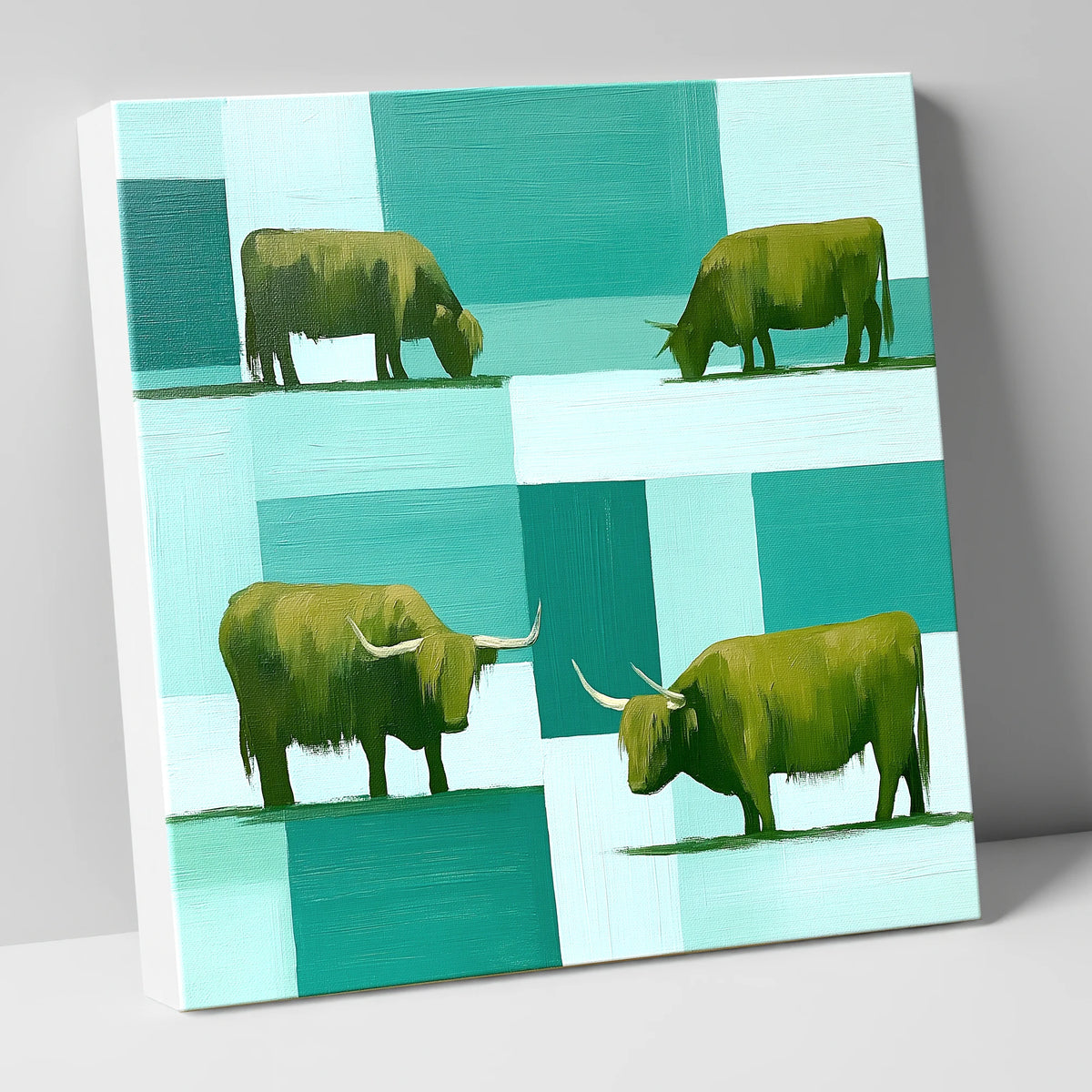 Highland Cattle on Colour-Block Teal lake district wildlife canvas wall art