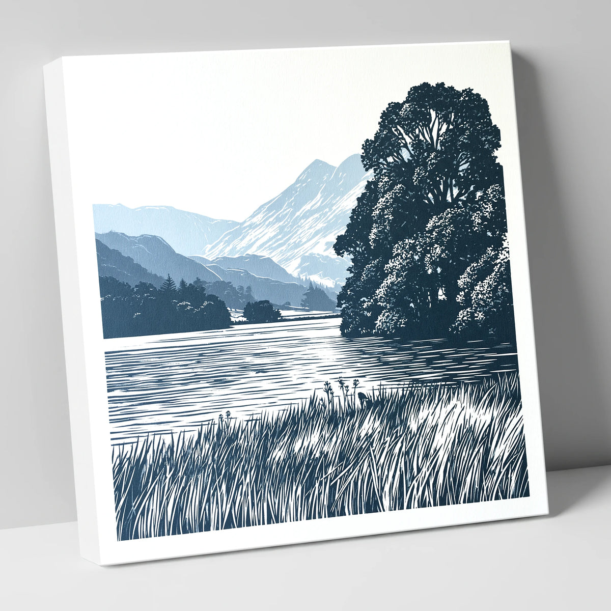 Grasmere Lake in Navy Blue lake district lake canvas wall art