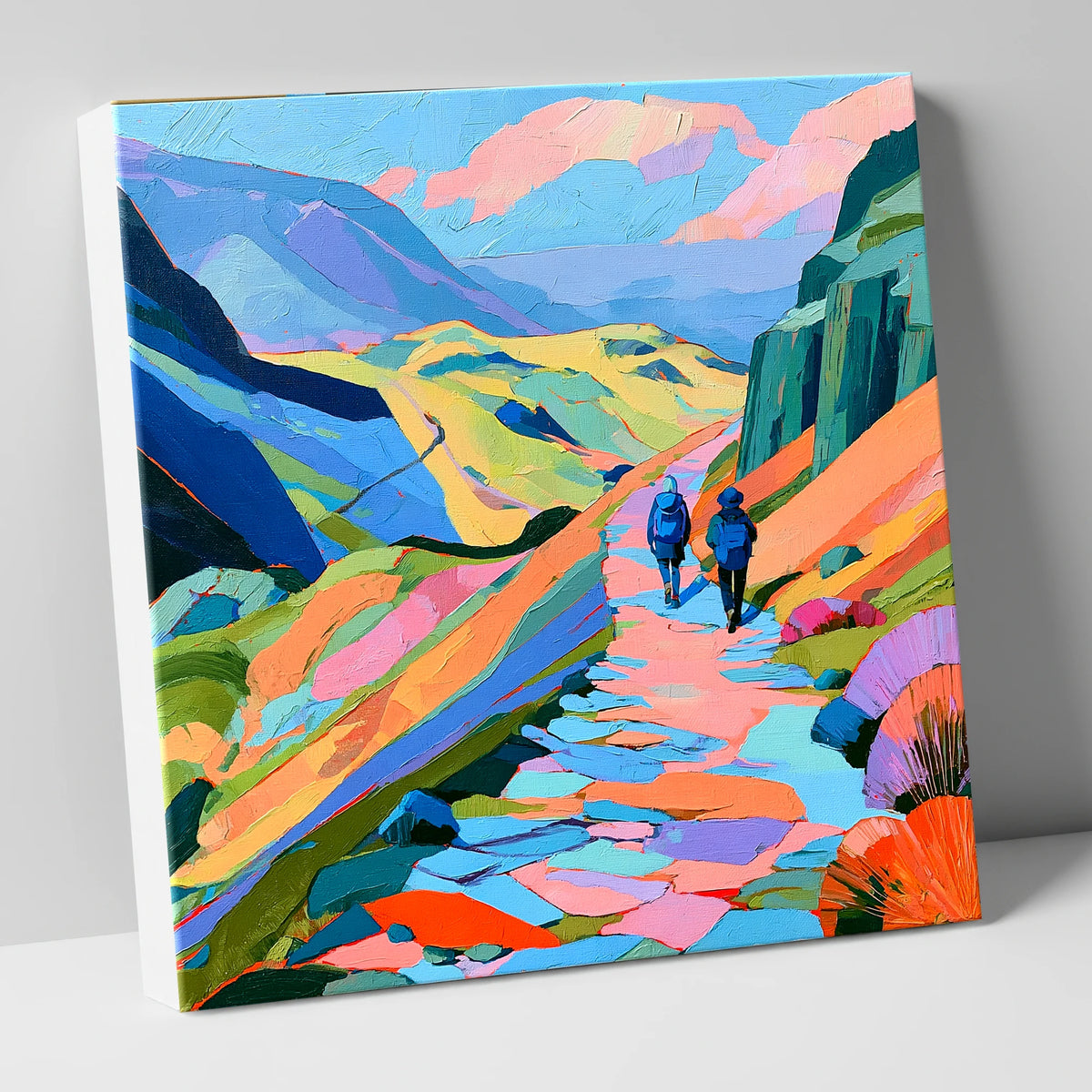 Walkers on a Vibrant Fell Path lake district walking canvas wall art
