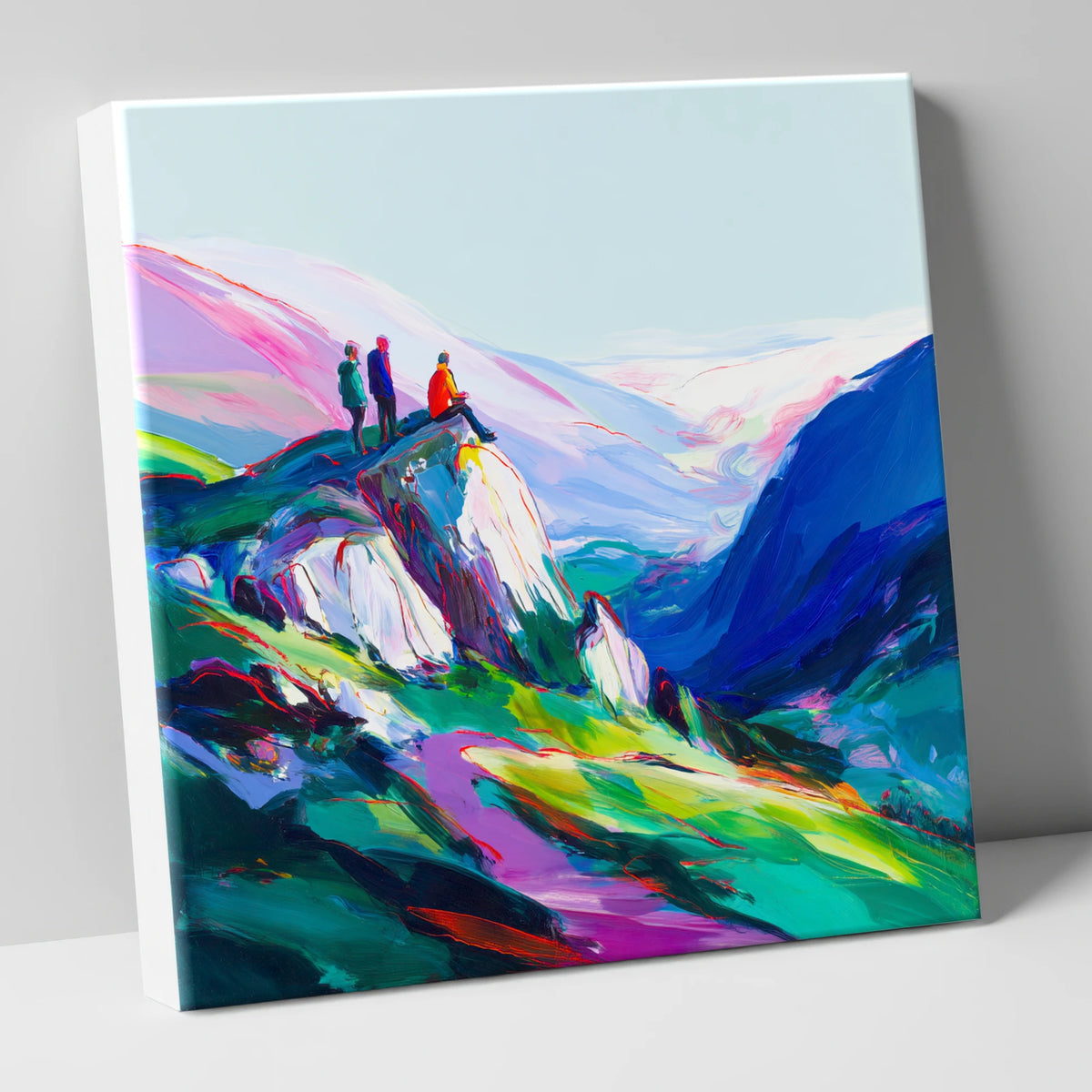 Climbers on a Vibrant Crag lake district walking canvas wall art