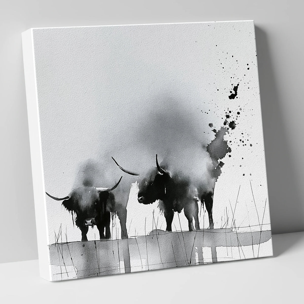 Abstract Monochrome Highland Cattle lake district wildlife canvas wall art