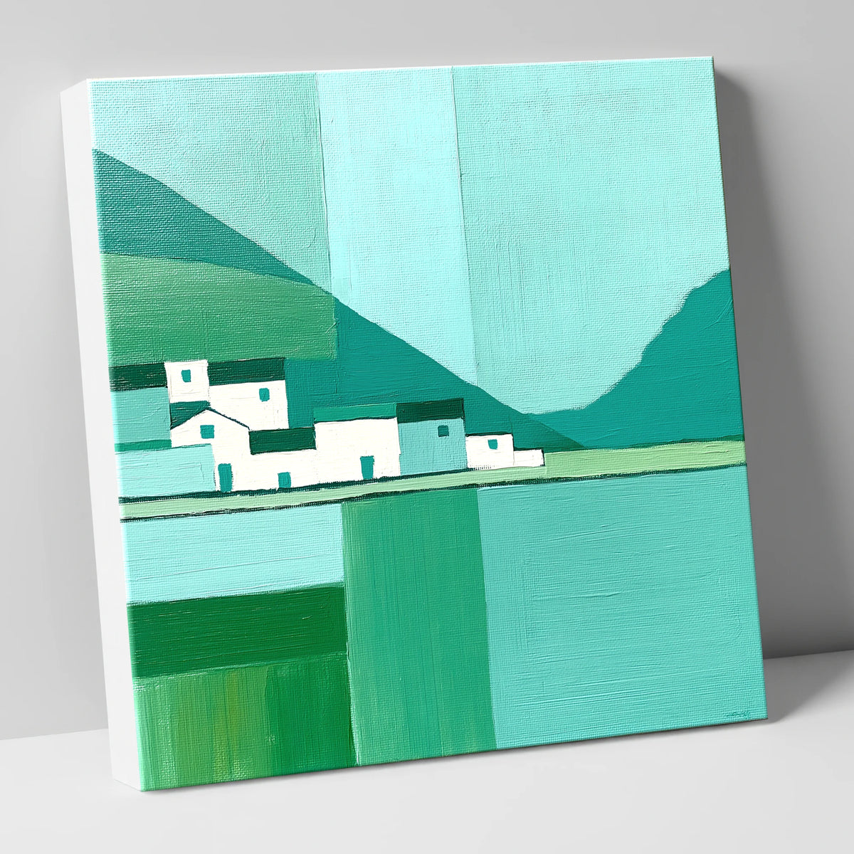 Modern Lakeside Village in Teal lake district village canvas wall art