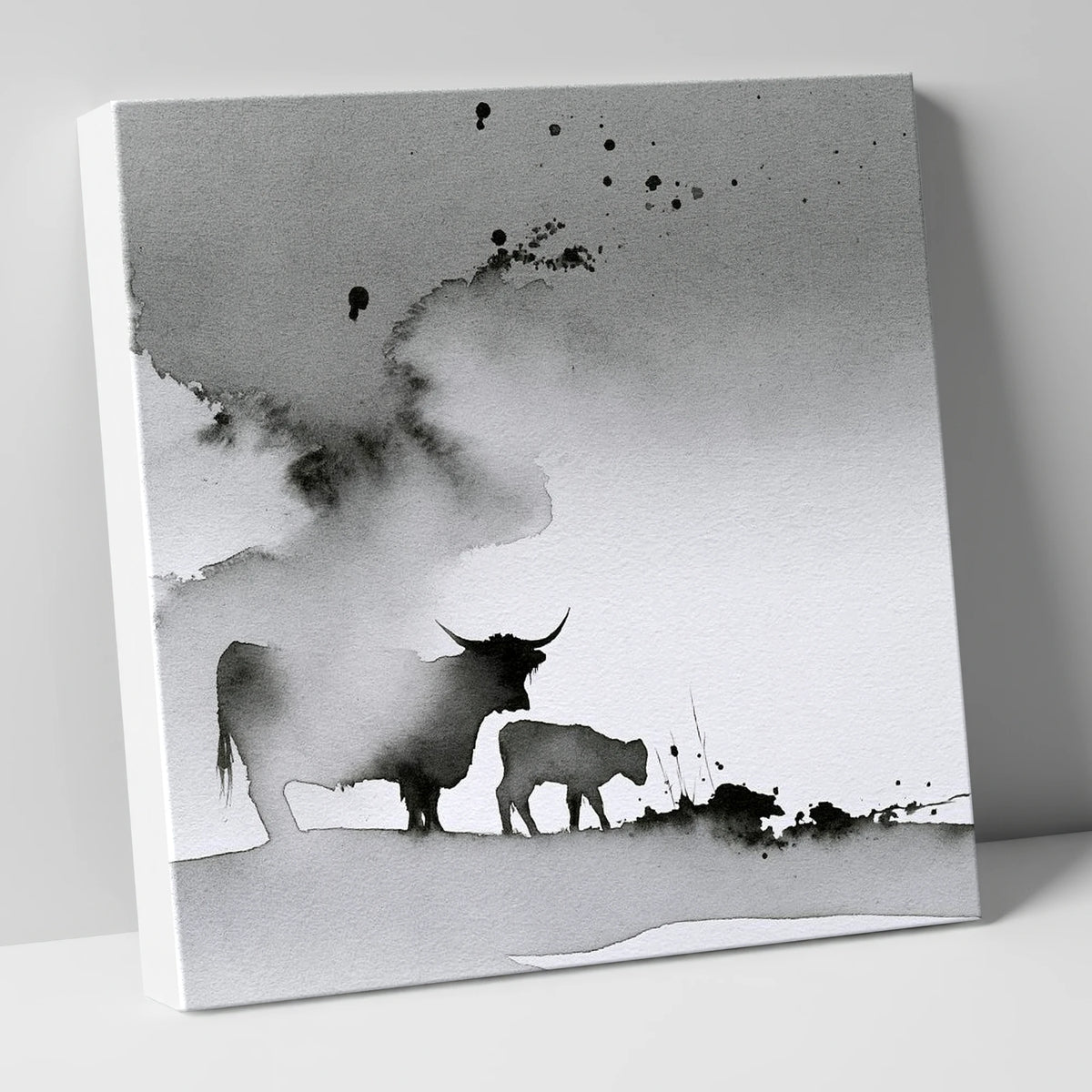 Highland Cow and Calf Silhouette lake district wildlife canvas wall art