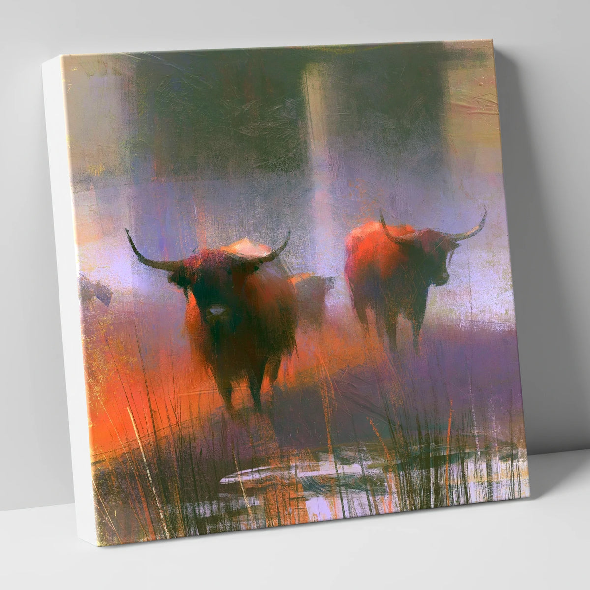 Highland Cattle in Violet Haze lake district wildlife canvas wall art