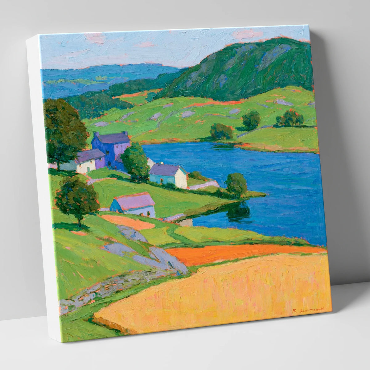 Vibrant Village on the Lakeshore lake district village canvas wall art
