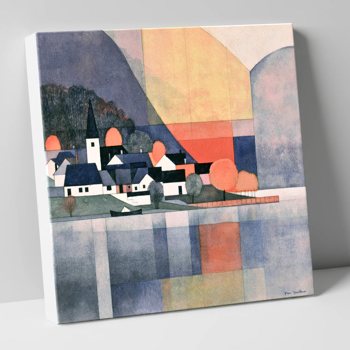 Geometric Lakeside Village Reflections lake district village canvas wall art