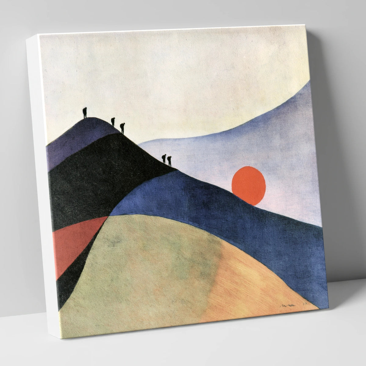 Silhouetted Hikers and Red Sun lake district fell canvas wall art