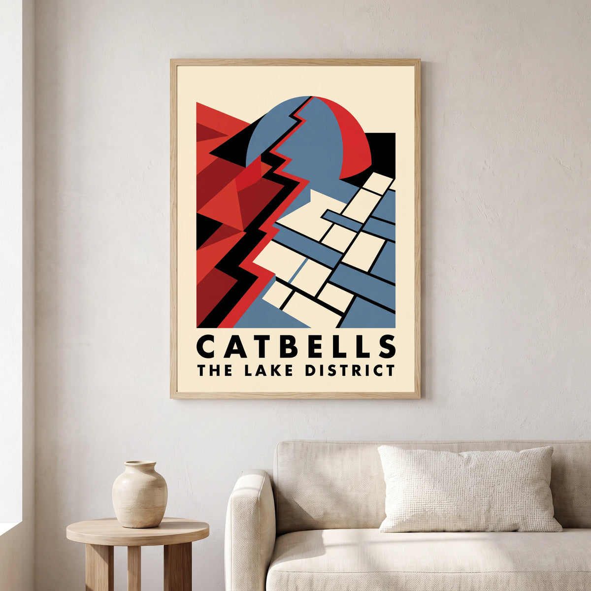 Catbells travel poster in a natural frame, hanging in a living