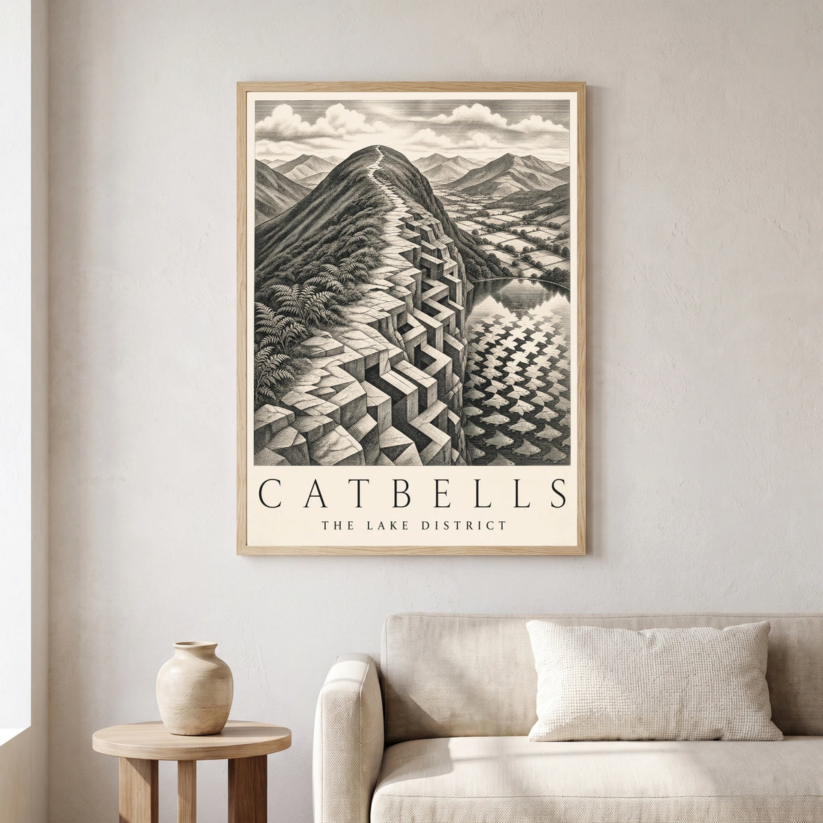 Catbells travel poster in a natural frame, hanging in a living