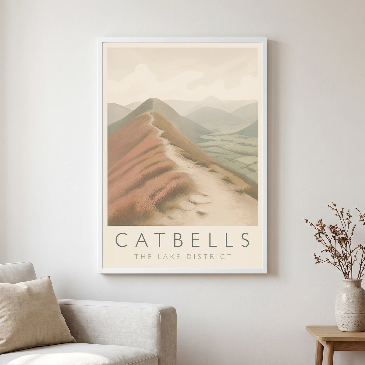 Catbells travel poster in a white frame, hanging in a living2