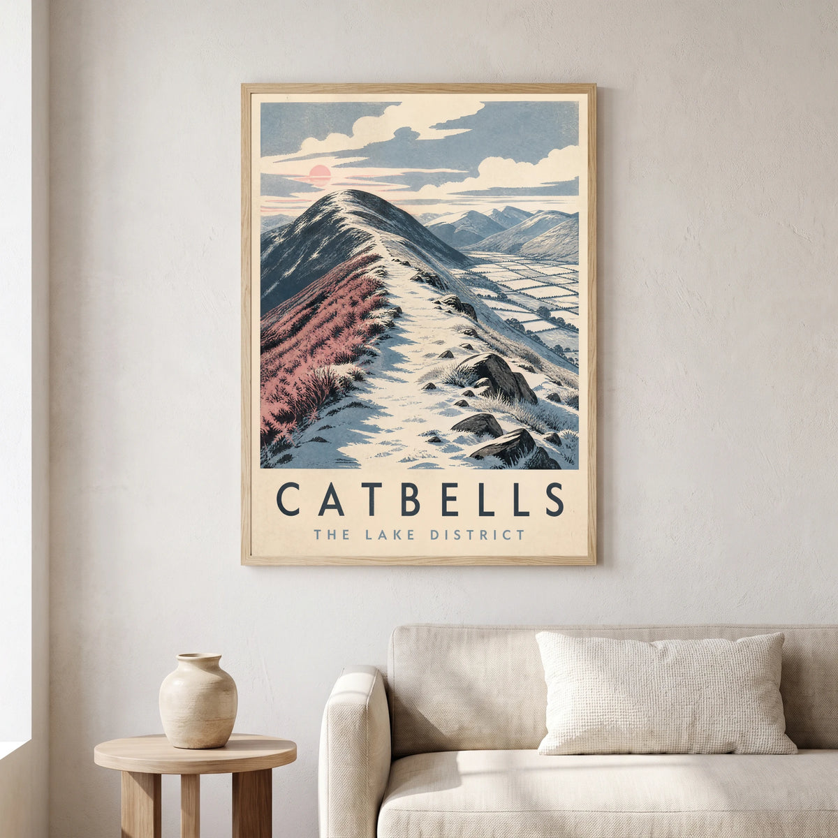 Catbells travel poster in a natural frame, hanging in a living