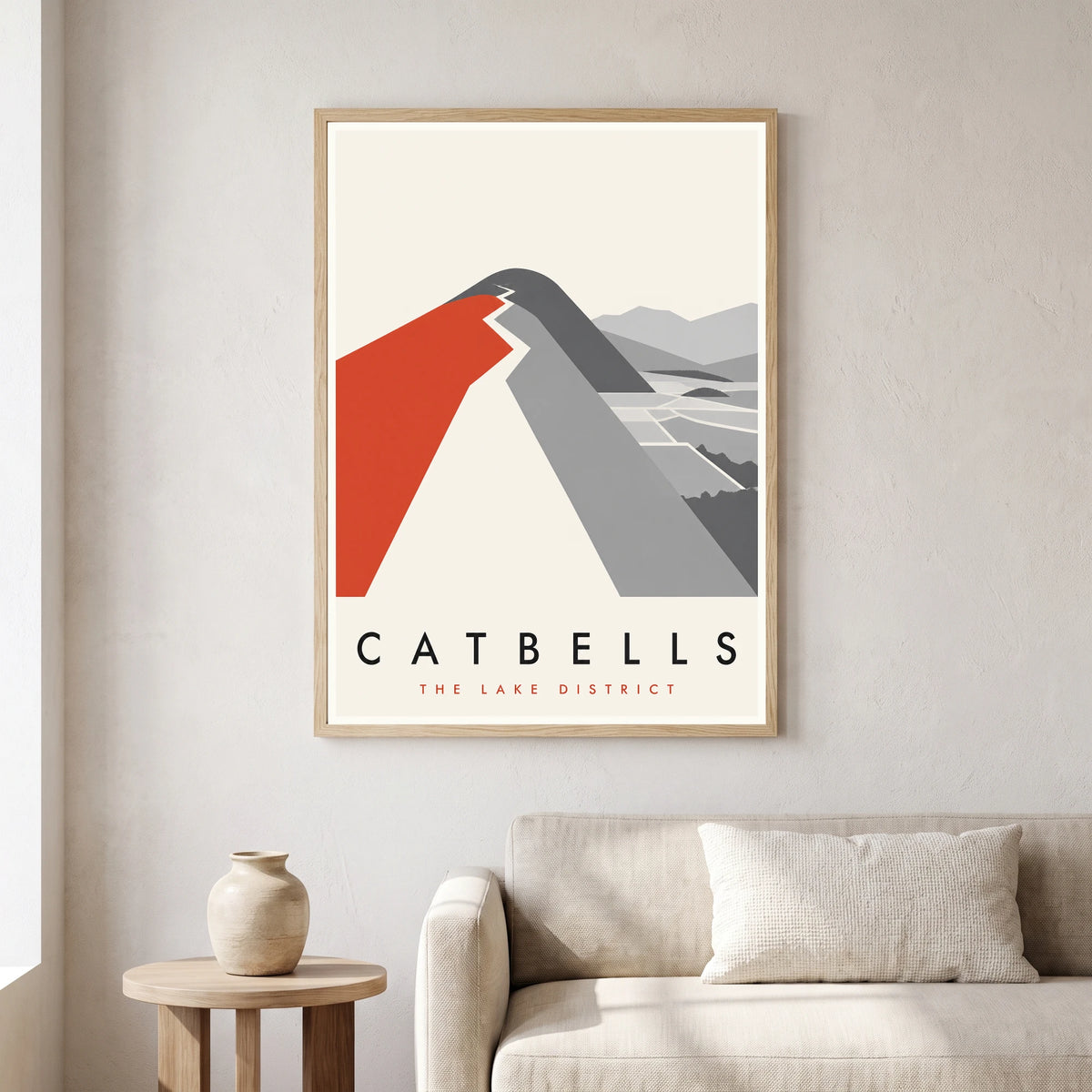 Catbells travel poster in a natural frame, hanging in a living