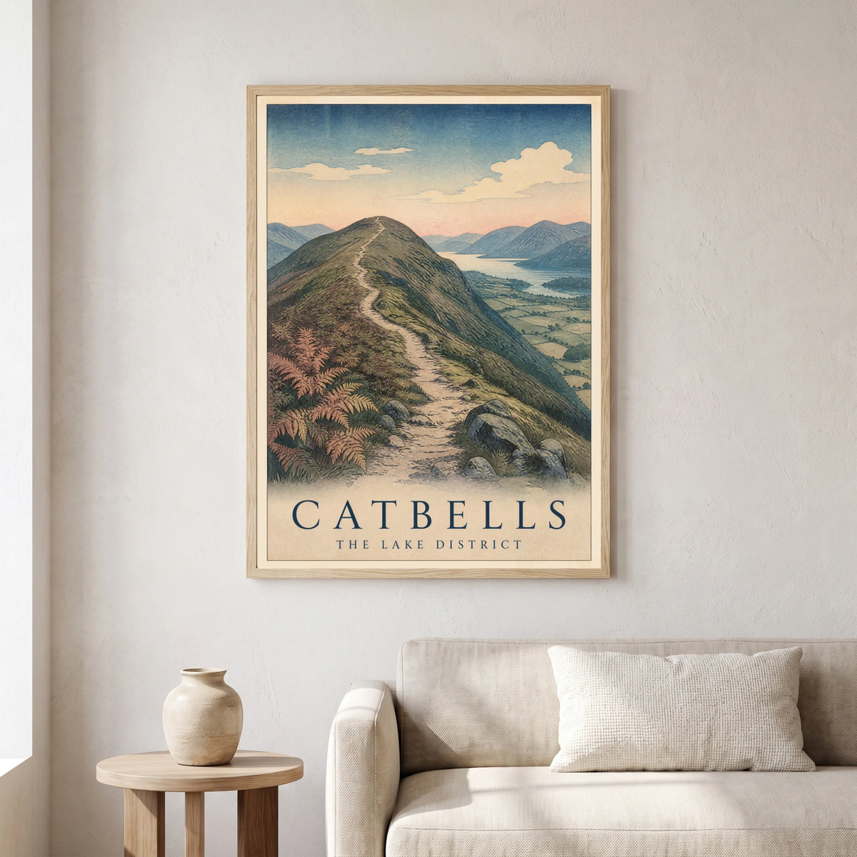 Catbells travel poster in a natural frame, hanging in a living