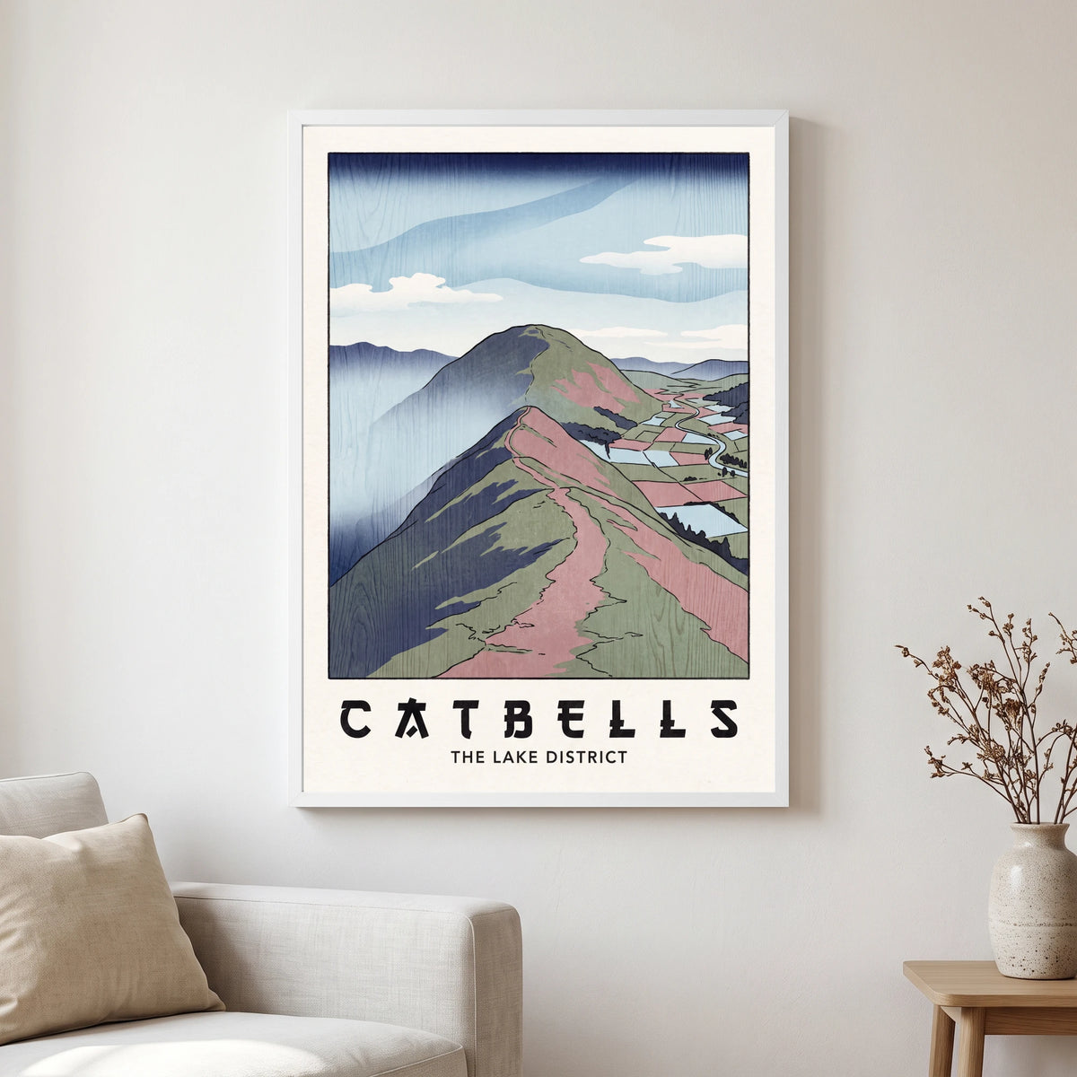 Catbells travel poster in a white frame, hanging in a living2