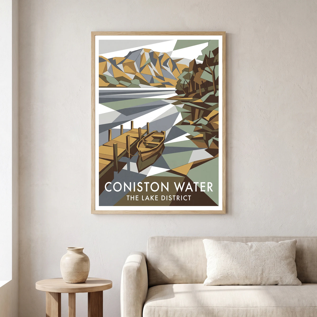 Coniston Water travel poster in a natural frame, hanging in a living