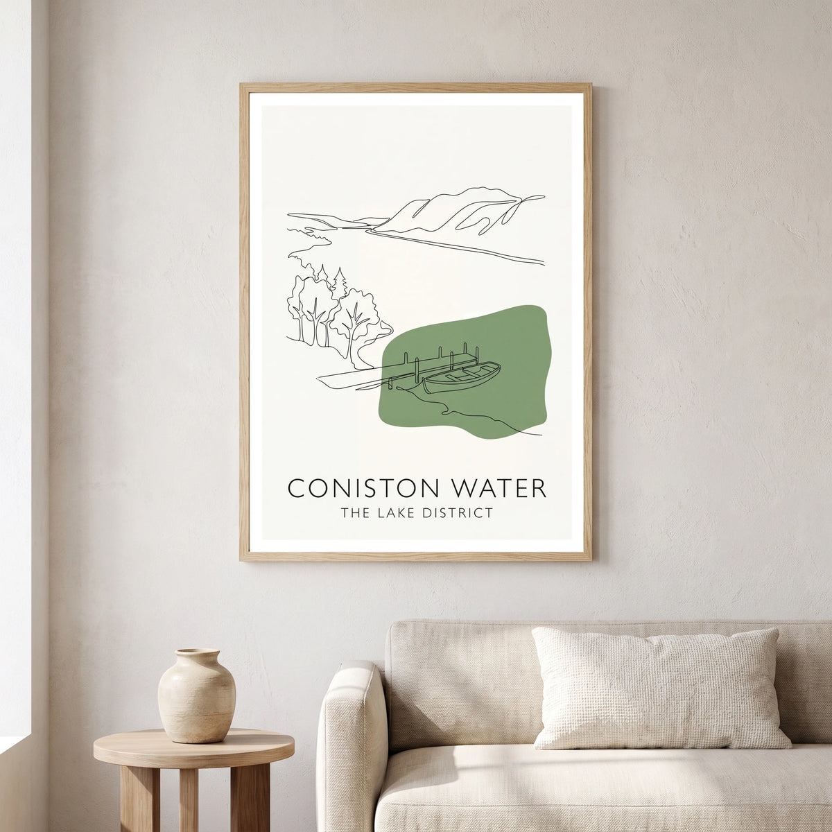 Coniston Water travel poster in a natural frame, hanging in a living