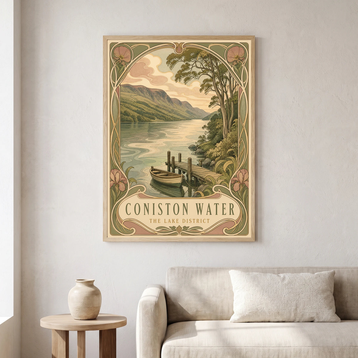 Coniston Water travel poster in a natural frame, hanging in a living