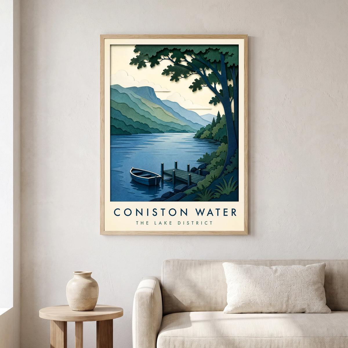 Coniston Water travel poster in a natural frame, hanging in a living