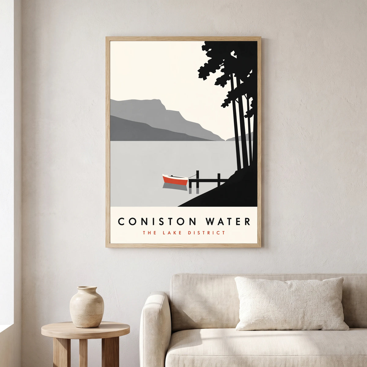 Coniston Water travel poster in a natural frame, hanging in a living
