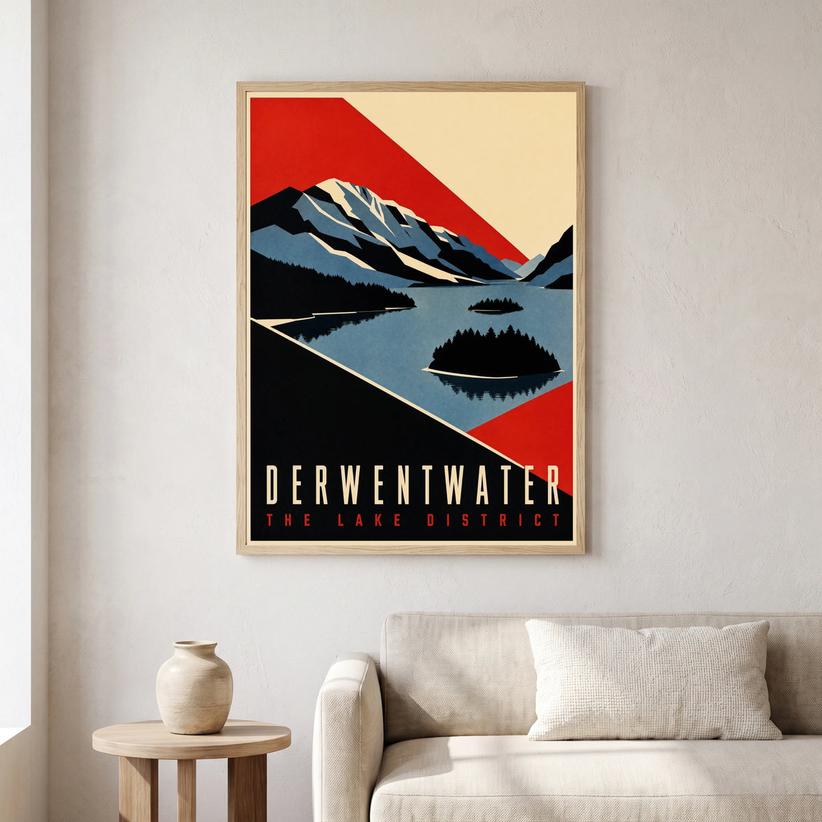 Derwentwater travel poster in a natural frame, hanging in a living