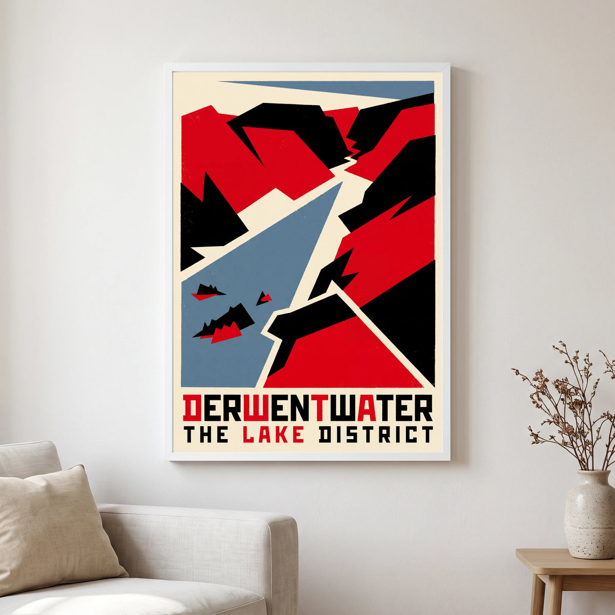 Derwentwater travel poster in a white frame, hanging in a living2
