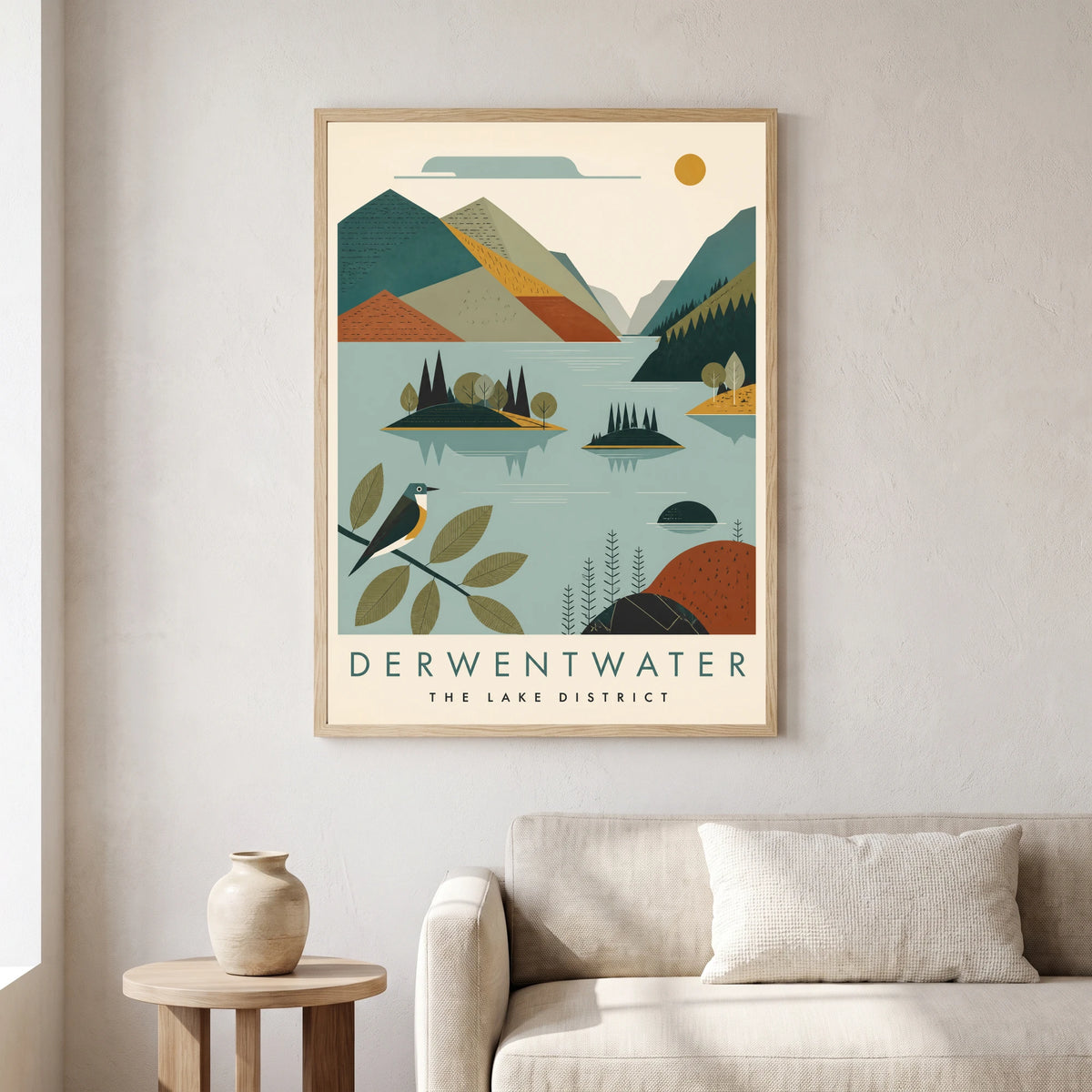 Derwentwater travel poster in a natural frame, hanging in a living