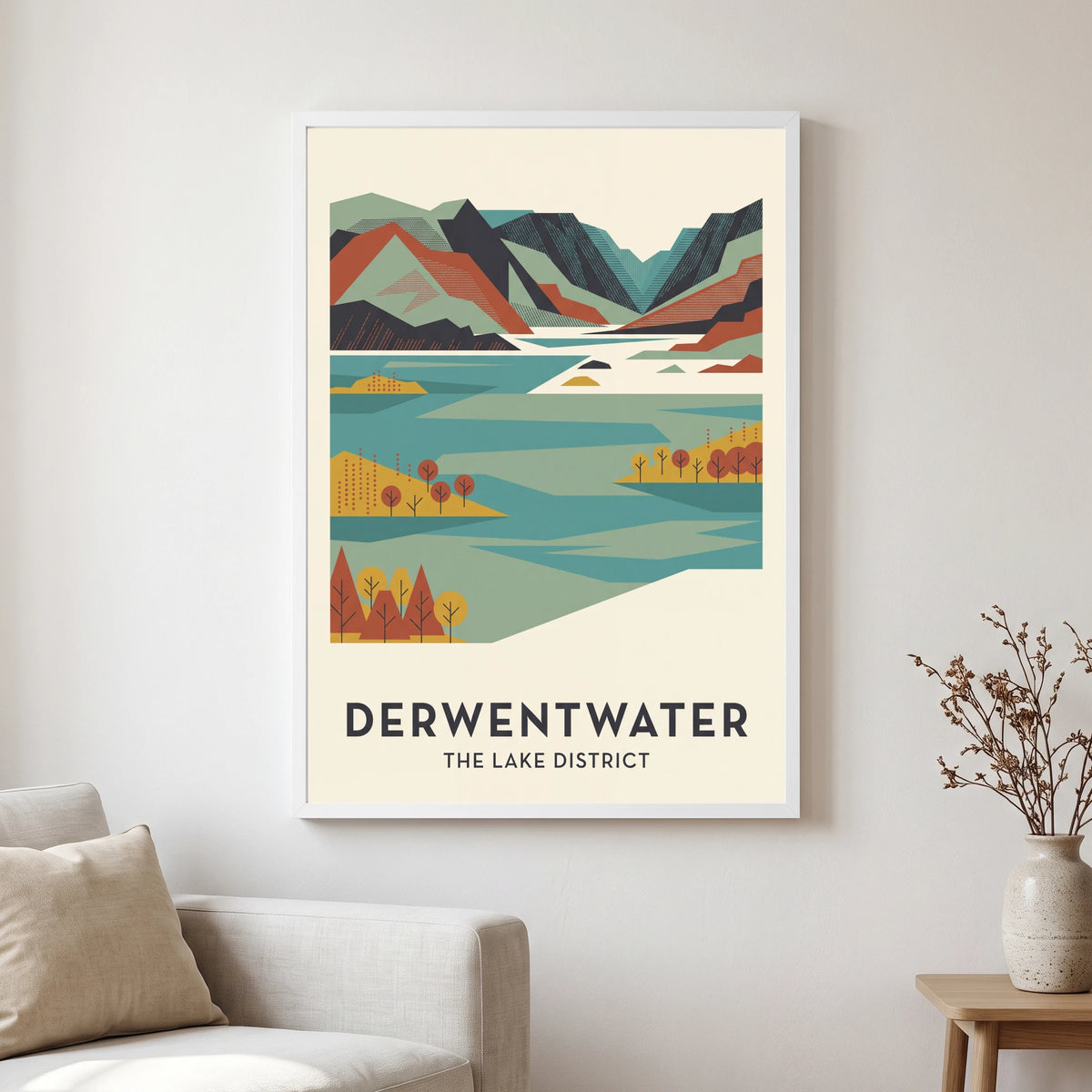 Derwentwater travel poster in a white frame, hanging in a living2