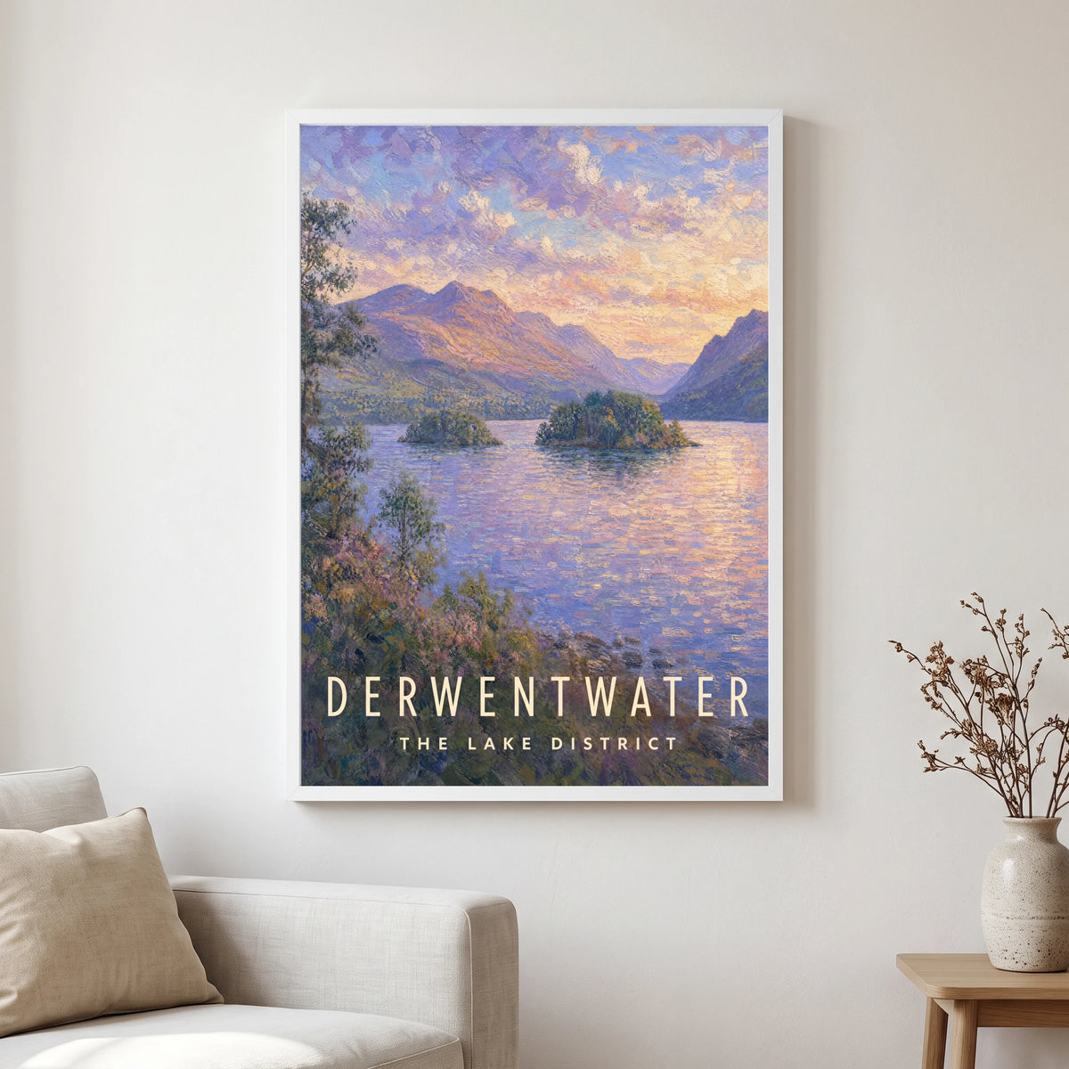 Derwentwater travel poster in a white frame, hanging in a living2