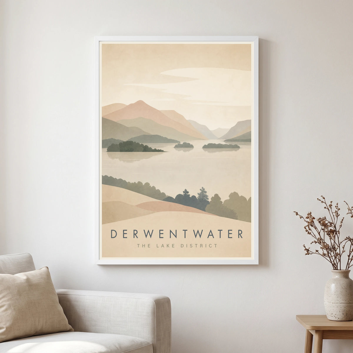 Derwentwater travel poster in a white frame, hanging in a living2