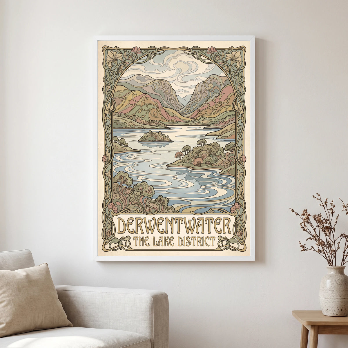Derwentwater travel poster in a white frame, hanging in a living2
