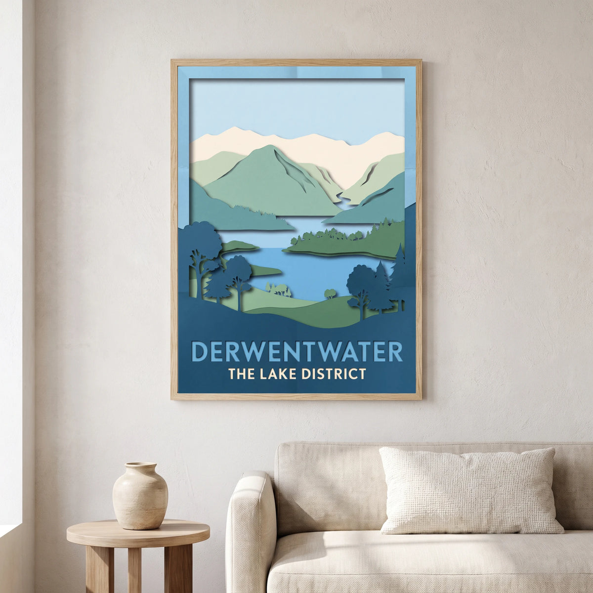 Derwentwater travel poster in a natural frame, hanging in a living