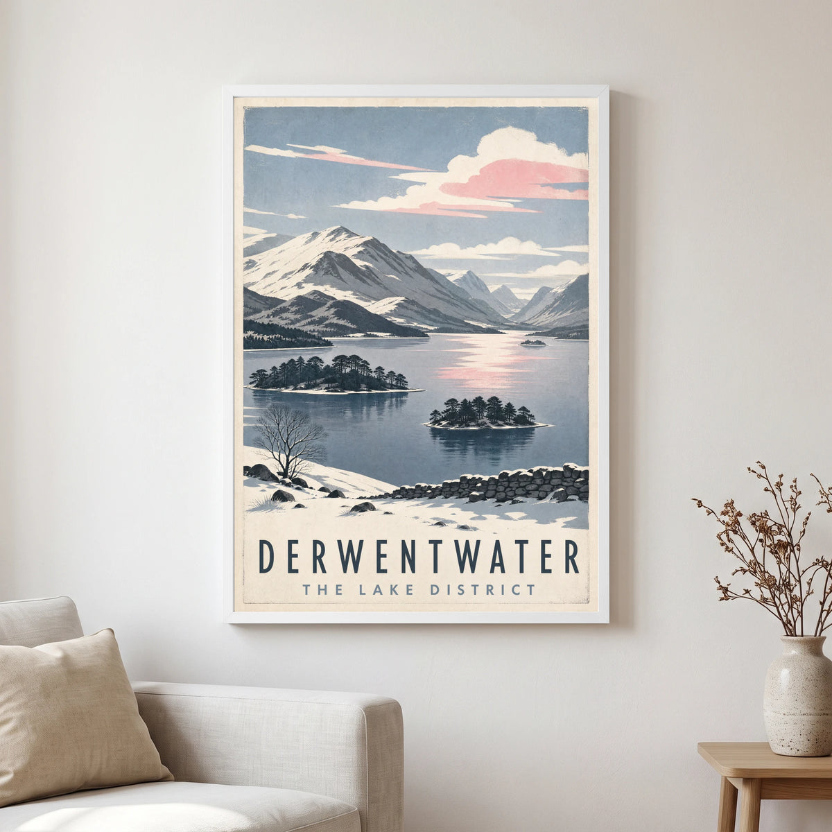 Derwentwater travel poster in a white frame, hanging in a living2
