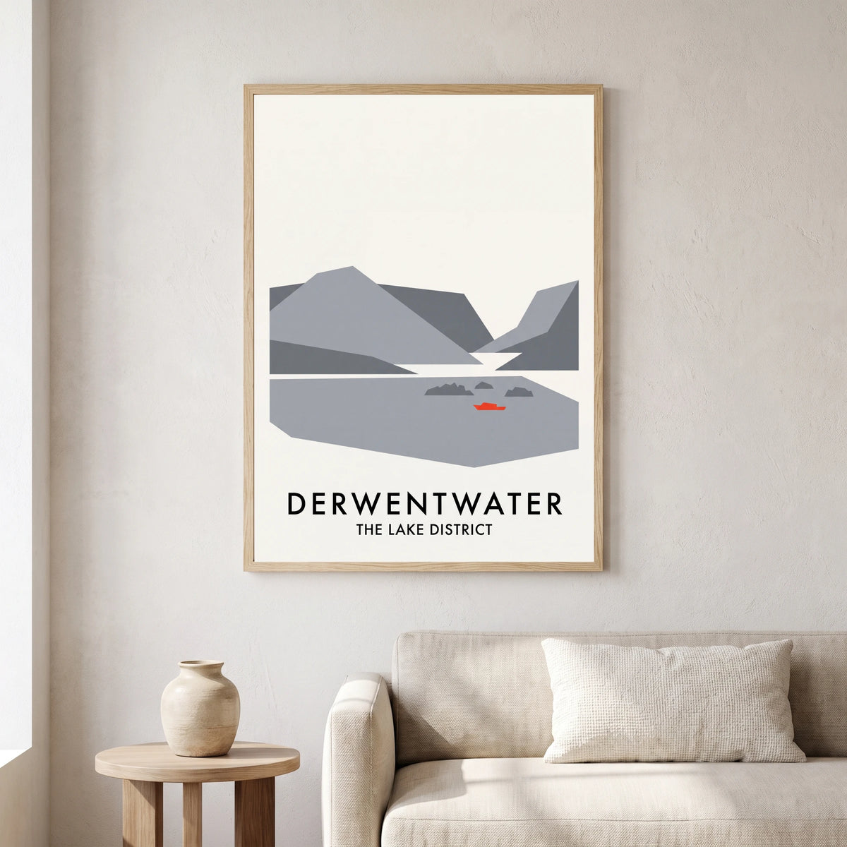 Derwentwater travel poster in a natural frame, hanging in a living