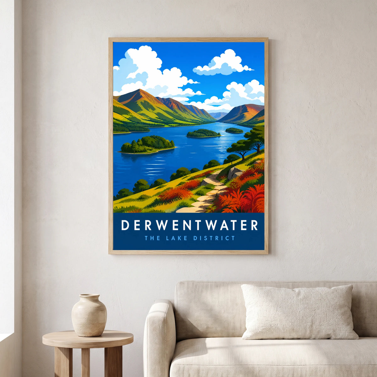 Derwentwater travel poster in a natural frame, hanging in a living