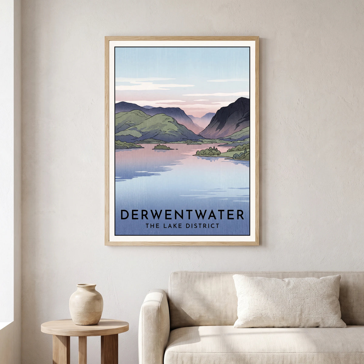 Derwentwater travel poster in a natural frame, hanging in a living