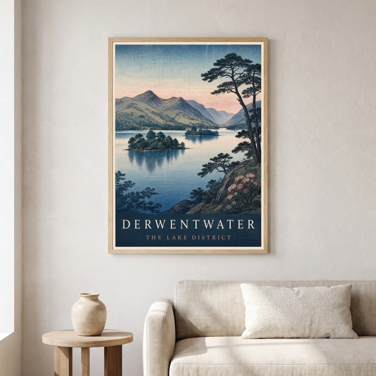 Derwentwater travel poster in a natural frame, hanging in a living