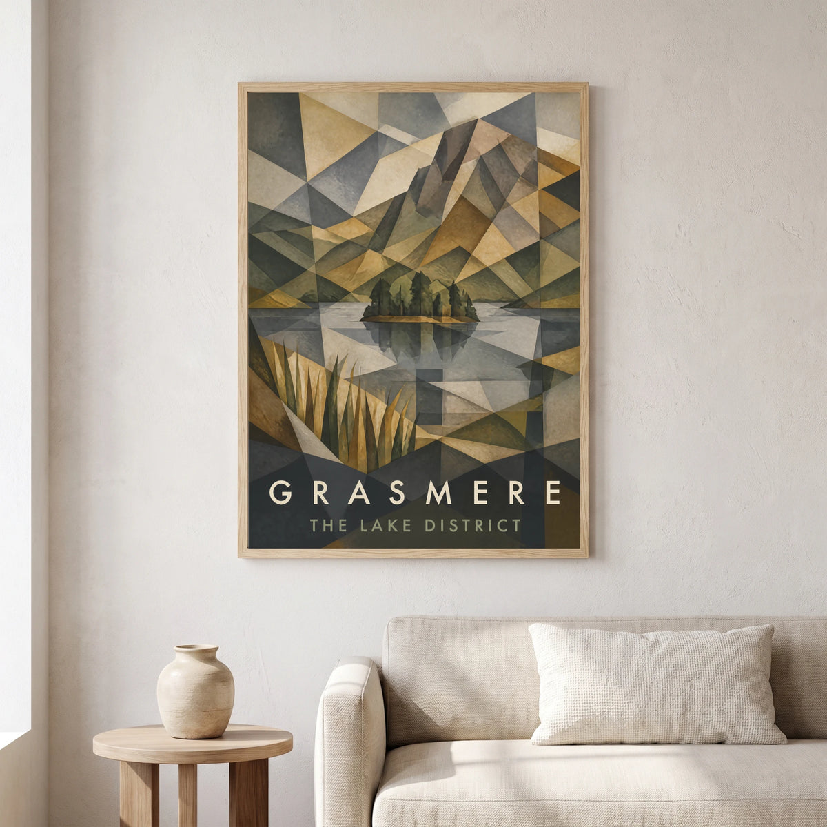 Grasmere travel poster in a natural frame, hanging in a living