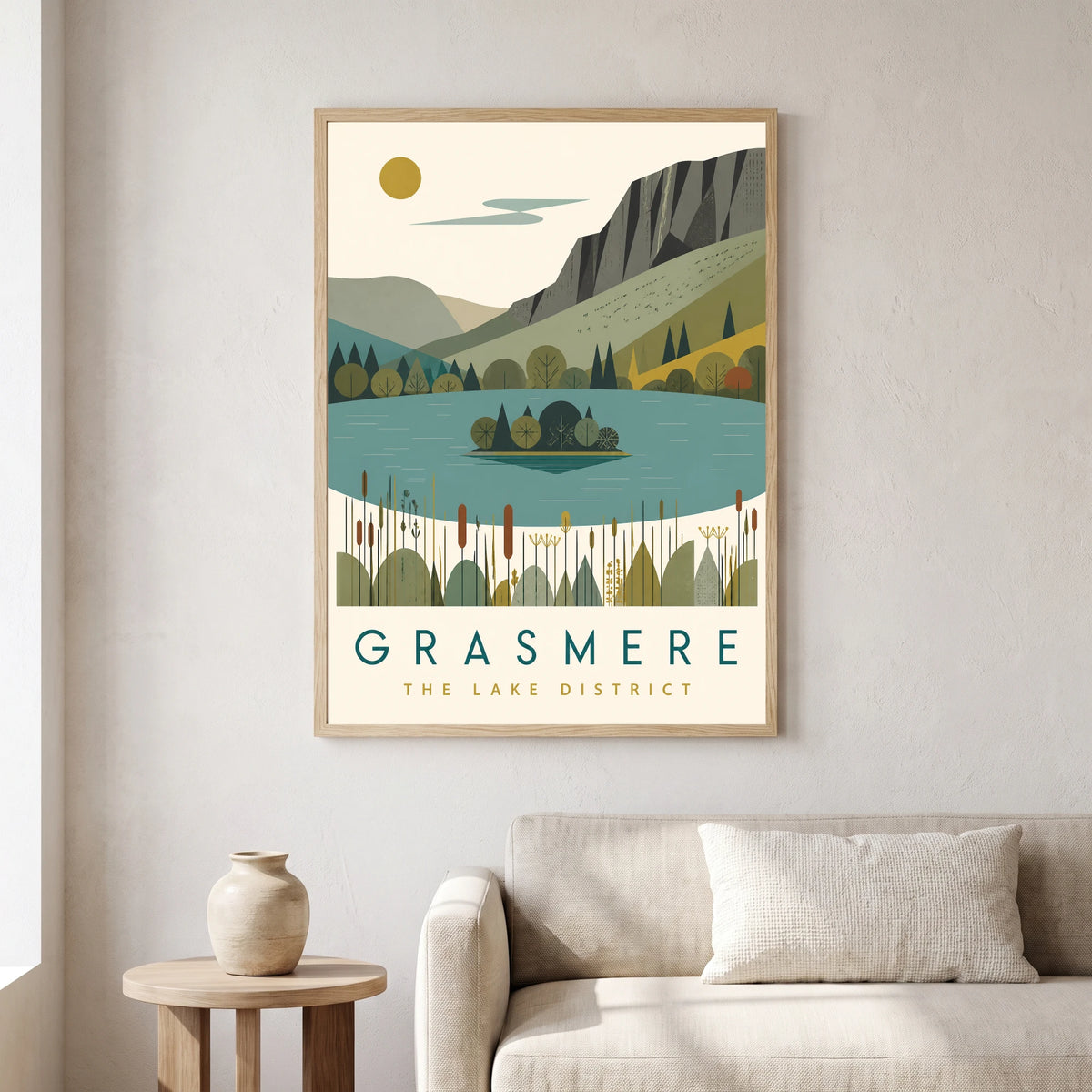 Grasmere travel poster in a natural frame, hanging in a living