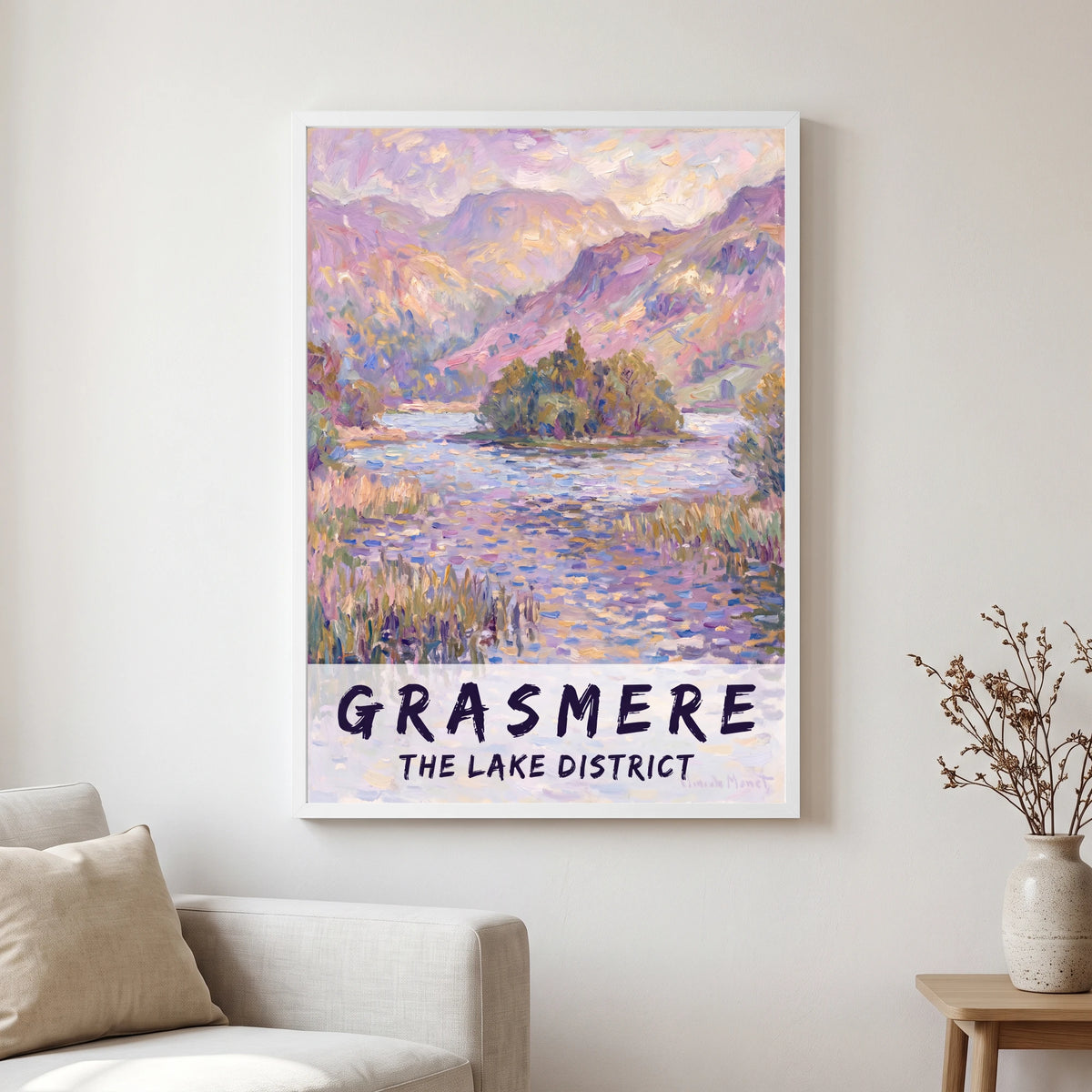 Grasmere travel poster in a white frame, hanging in a living2