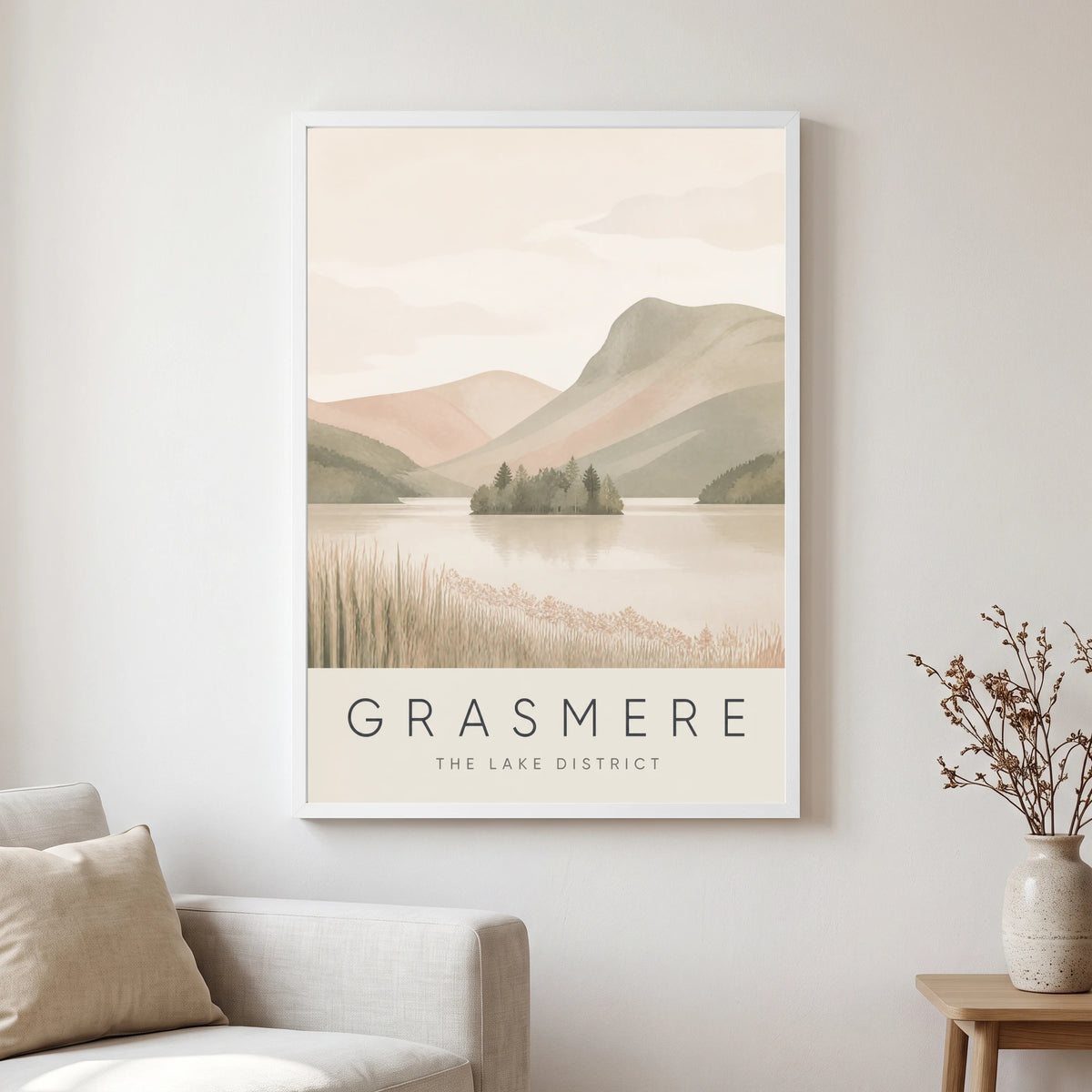 Grasmere travel poster in a white frame, hanging in a living2