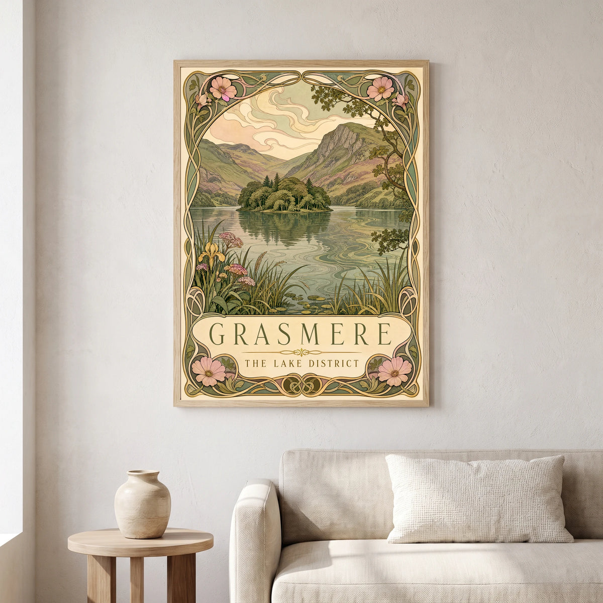 Grasmere travel poster in a natural frame, hanging in a living