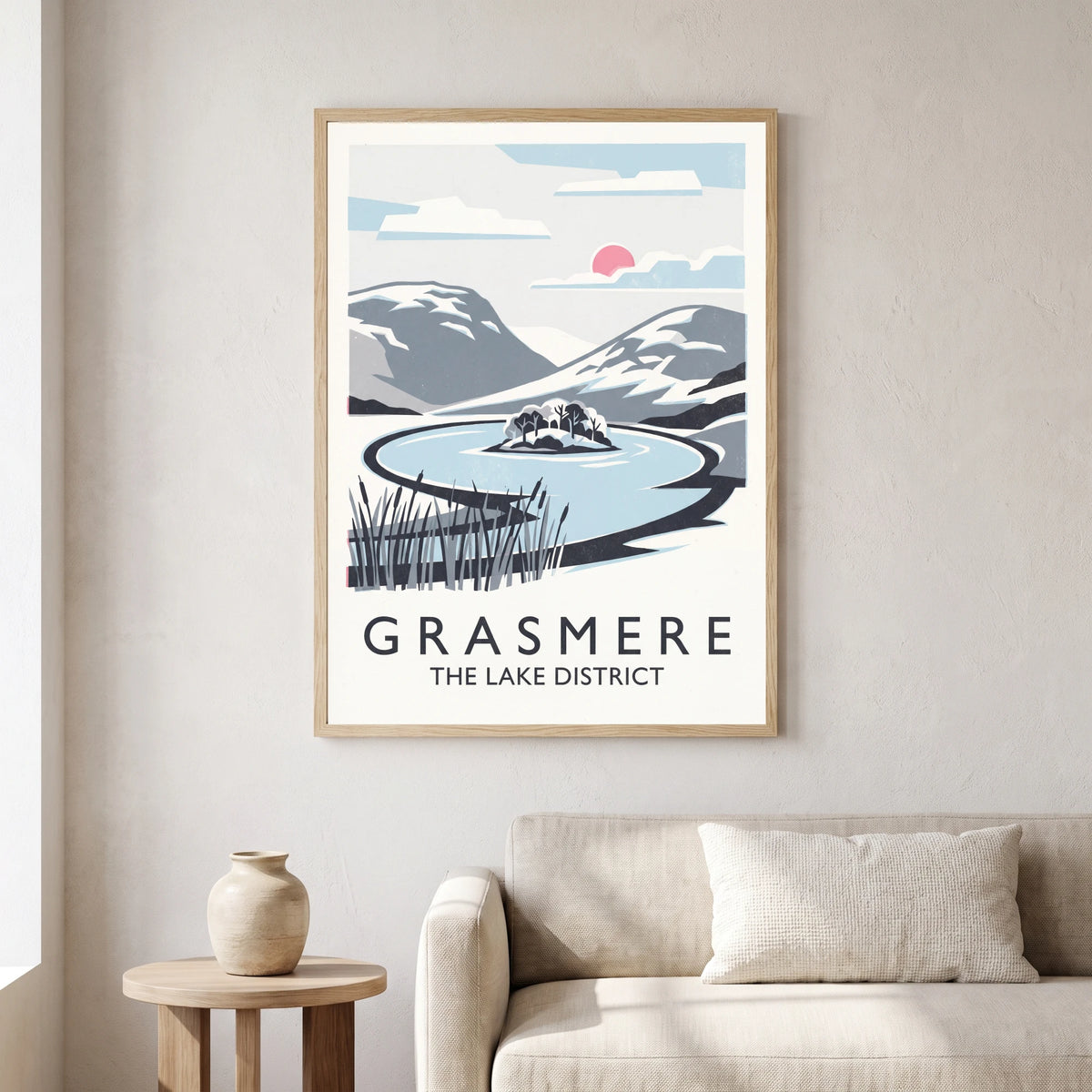 Grasmere travel poster in a natural frame, hanging in a living