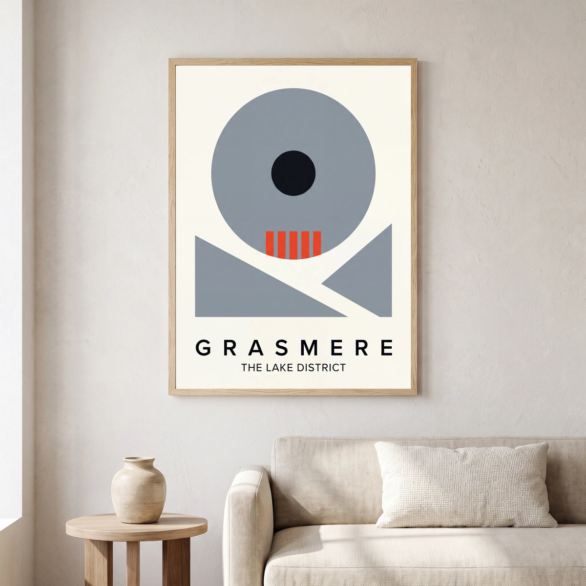 Grasmere travel poster in a natural frame, hanging in a living