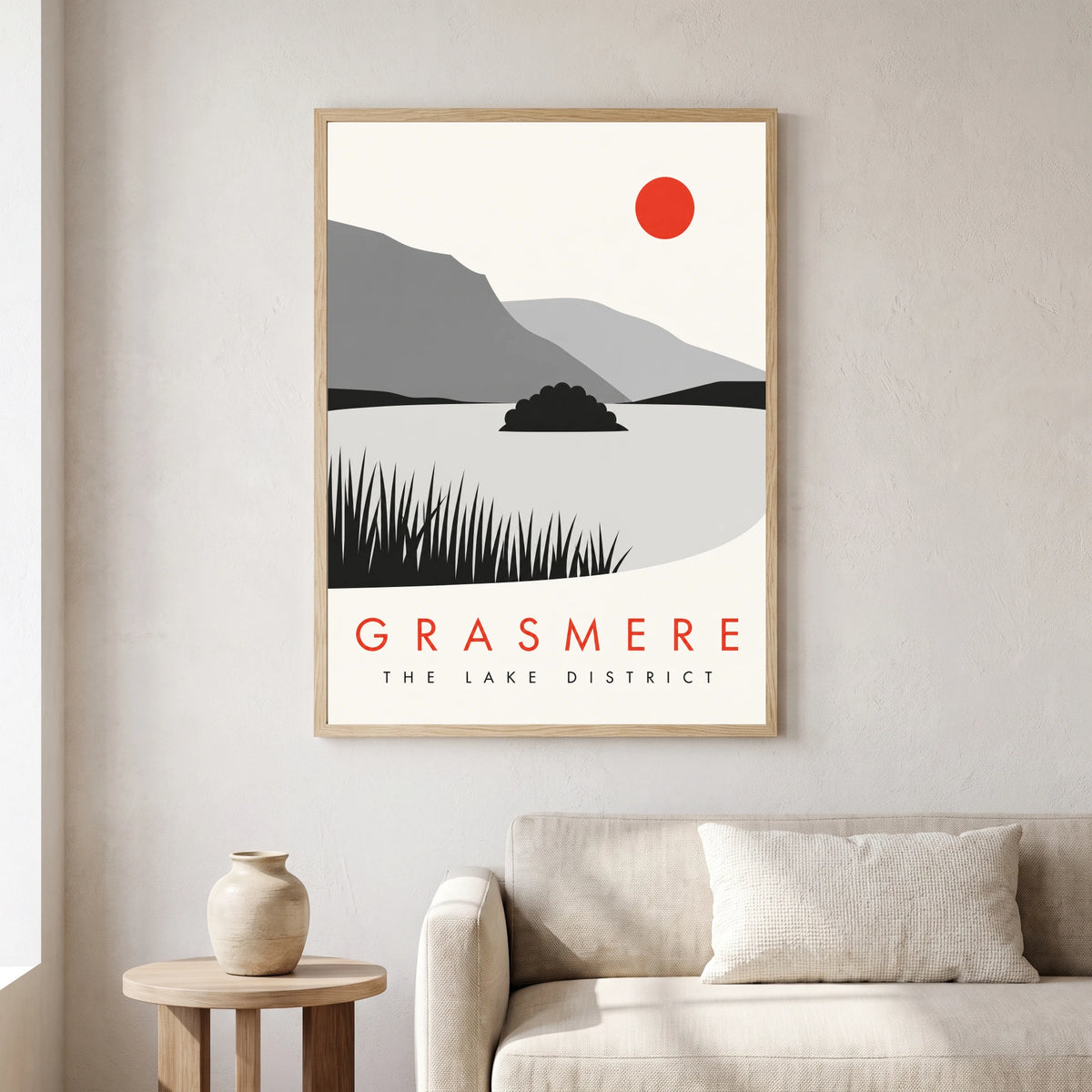 Grasmere travel poster in a natural frame, hanging in a living